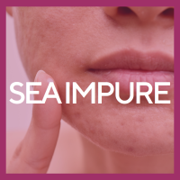 A soft fuscia background with the words sea impure across the front of zoomed in up close chin of a woman with a breakout
